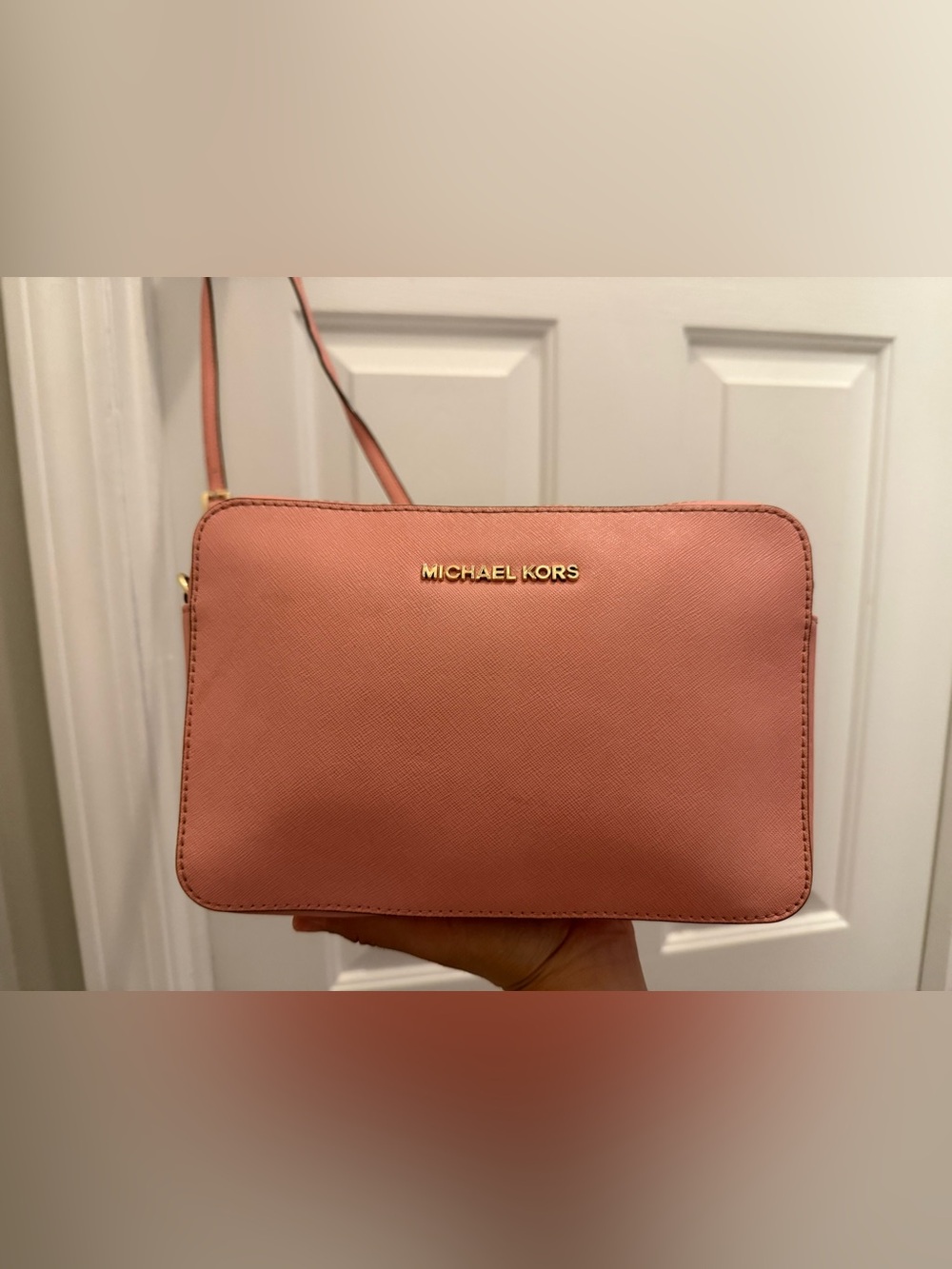 Michael Kors Coral Pink Saffiano Crossbody Bag with Gold Logo